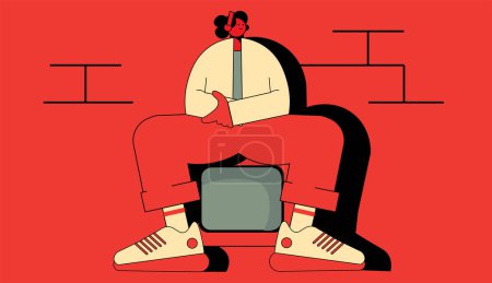 Téléchargez les illustrations : Illustration vectorielle de style plat d'un personnage féminin plat assis sur l'ancien téléviseur contre le mur de briques rouges. - en licence libre de droit