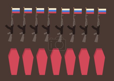 Ilustración de Ilustración de vectores de estilo plano de ametralladoras con banderas rusas y filas de ataúdes - Imagen libre de derechos