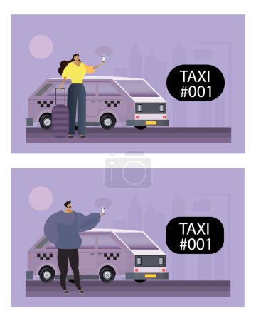 Illustration for Vector flat illustration of a flat character holding a mobile phone and standing next to taxi crew van. Taxi application. Cargo car sharing concept. Copy space - Royalty Free Image