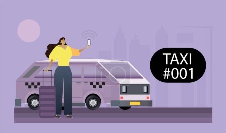 Illustration for Vector flat illustration of a female character holding a mobile phone and standing next to taxi crew van. Taxi application. Cargo car sharing concept. Copy space - Royalty Free Image