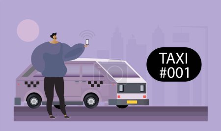 Illustration for Vector flat illustration of a male character holding a mobile phone and standing next to taxi crew van. Taxi application. Cargo car sharing concept. Copy space - Royalty Free Image