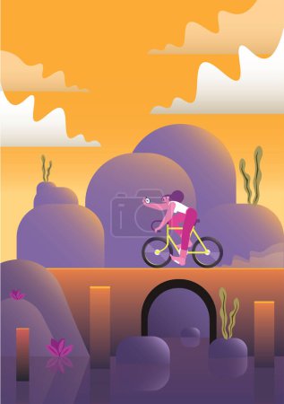 Illustration for Vector illustration of a cartoon female character riding bicycle through a rough terrain landscape with a stopwatch in a hand. woman moving to her life goal. Trendy flat character design. - Royalty Free Image