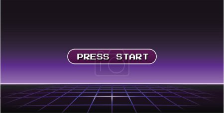 Illustration for Purple 1980's vintage cyberpunk neon perspective grid, initial retro video game screen with the written text "press start" in a pop-up window. Vector illustration - Royalty Free Image