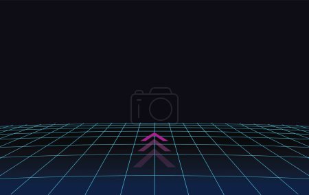 Illustration for 1980's neon sci fi landscape. Retrowave, synthwave vector background. Cyberpunk perspective grid. - Royalty Free Image