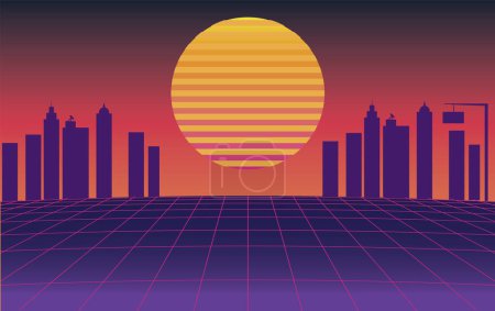 Illustration for 3d abstract 1980's retrowave, cyberpunk background with copy space, neon perspective grid. Vector illustration - Royalty Free Image