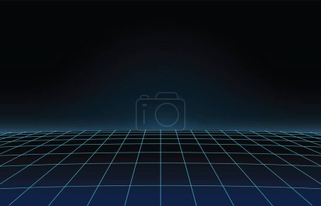 Téléchargez les illustrations : Paysage sci-fi néon des années 1980. Rétroonde, arrière-plan vectoriel synthwave avec grille de perspective - en licence libre de droit