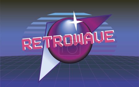 Téléchargez les illustrations : Paysage sci-fi néon des années 1980. Logo Retrowave, fond vectoriel synthwave. Grille perspective Cyberpunk. - en licence libre de droit