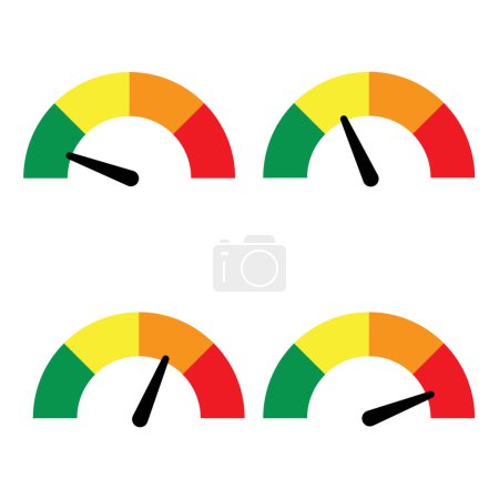 Colorful speedometer collection. Download progress indicator. Speedometer icon set in flat style on white background. Vector speed test dashboard. Internet provider speed meter. Vector graphic. 