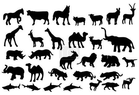 Téléchargez les illustrations : Ensemble de silhouettes animales, isolées sur blanc. illustration vectorielle - en licence libre de droit