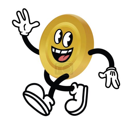 Ilustración de Vintage rubberhose carácter estilo de dibujos animados de una moneda de oro, mascota bancaria, vector de ilustración - Imagen libre de derechos