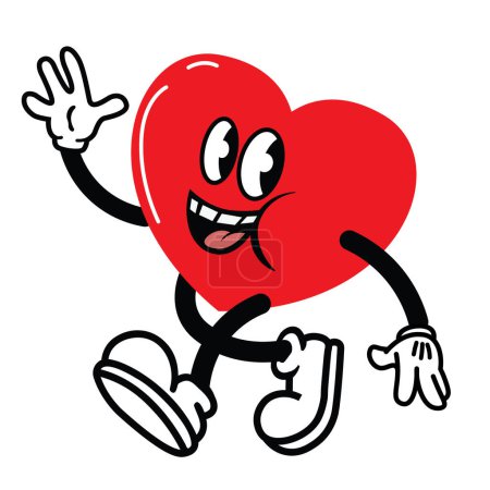 Ilustración de 1930's style vintage cartoon red heart mascot walking and waving his hand - Imagen libre de derechos