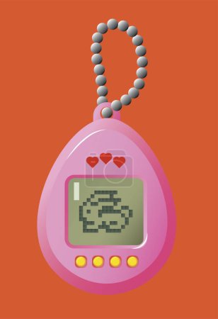 Illustration for Pink tamagotchi toy, vector illustration, orange background - Royalty Free Image