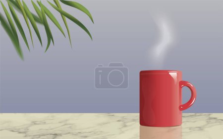 Illustration for Realistic vector product display stand with red coffee mug with steam, marble table and green palm leaves. Cafe mock-up. Copy space - Royalty Free Image