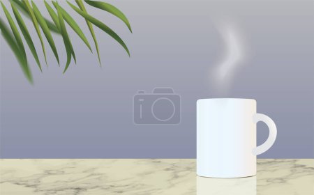 Illustration for Realistic vector product display stand with white coffee mug with steam, marble table and green palm leaves. Cafe mock-up. Copy space - Royalty Free Image