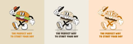 Set of vintage cartoon mascot character, smiling toast, product retro logo design, vector illustration