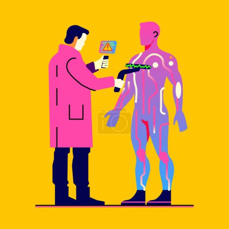 Minimalist flat character of an ispector standing next to a retro futuristic humanoid cyborg. Artificial intelligence test, Turing test. Egineering, robotics concept. vector illustration