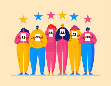 Illustration for Group of cartoon colorful people holding score cards with numbers, stars above them. Contest jury, voting concept, customer feedback web page banner. Vector - Royalty Free Image