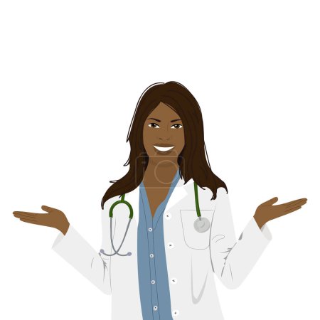Ilustración de La sonriente doctora afroamericana en uniforme muestra ambas manos abiertas. Enfermera deja elección al paciente aislado sobre fondo blanco. - Imagen libre de derechos