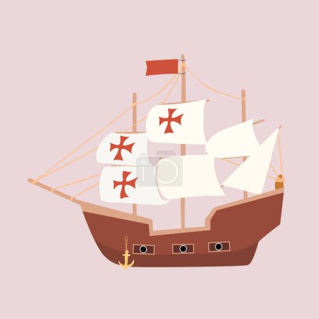 Illustration for Caravel Ship Navigation. Sailing ship floating on the sea waves.  Vector illustration - Royalty Free Image