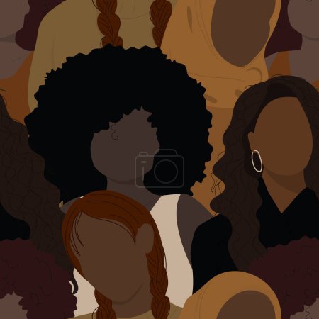 Many women african american ethnicity. Seamless pattern with women faces. Vector illustration