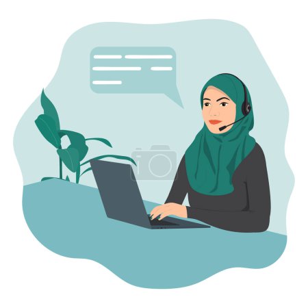 Téléchargez les illustrations : Arab woman with headphones and microphone with laptop. Illustration for customer service, support, assistance, call center.  Illustration vector of arab or muslim woman - en licence libre de droit