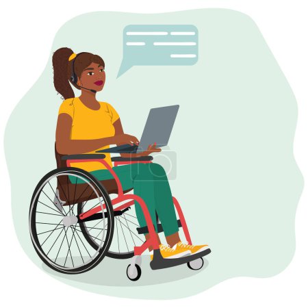 Illustration for Young woman in wheelchair works on laptop. Online work. Inclusivity concept. Cartoon character, freelancer, student. Vector illustration - Royalty Free Image