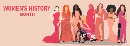Illustration for Women's History month banner. Women of defferent nationalities in dress - Royalty Free Image