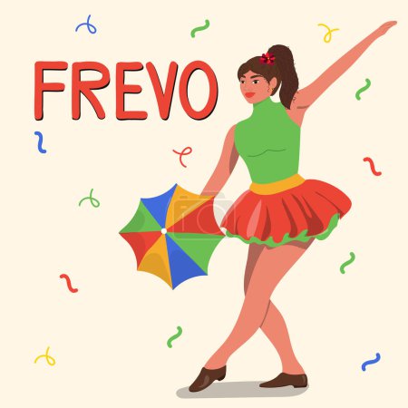 Illustration for Girl dancing with umbrella. Hand drawn flat design frevo illustration - Royalty Free Image