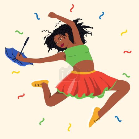 Illustration for Brazilian girl jumping. Hand drawn flat design frevo illustration - Royalty Free Image