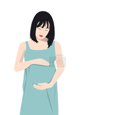Illustration for Sad pregnant asian woman. Modern banner about pregnancy and motherhood. - Royalty Free Image