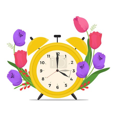 Ändern Sie Ihre Uhrenkarte für die Zeitumstellung im Frühling. Uhren mit Tulpen. Handgezogene Feder vorwärts