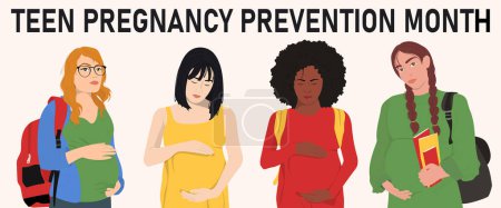 Illustration for Teen pregnancy prevention month. Unhappy pregnant teenage girs. Social problem of adolescent or teen pregnancy. Vector illustration - Royalty Free Image