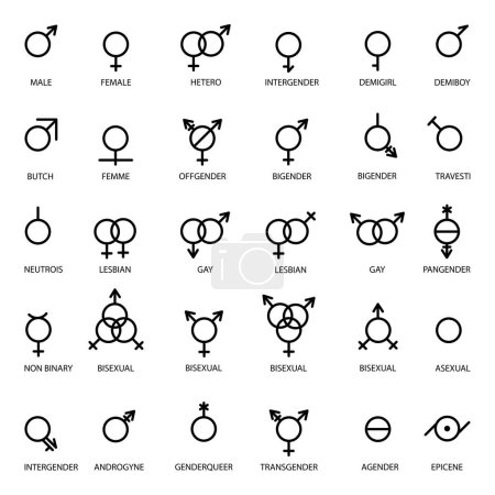 Téléchargez les illustrations : Symbole de genre sur fond blanc. Collecte de signes d'orientation sexuelle. Illustration vectorielle - en licence libre de droit