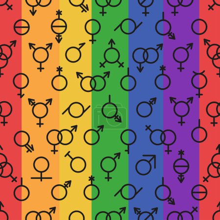 Geschlechtersymbole auf einem Regenbogenhintergrund. Anzeichen sexueller Orientierung. Vektorillustration