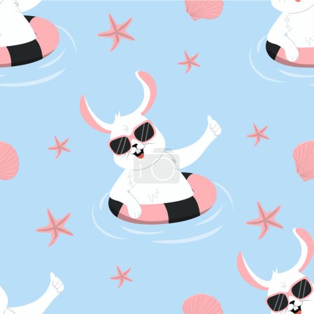 Illustration for Cute summer pattern with rabbit. The rabbit is chilling in the pool with an inflatable ring. - Royalty Free Image