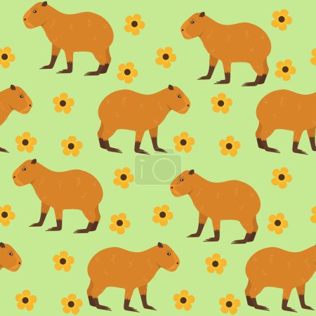 Illustration for Capybara with flowers seamless pattern. Capybara character cute vector illustration - Royalty Free Image