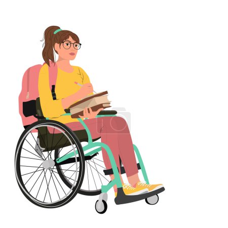 Illustration for Young student woman in wheelchair. Inclusivity concept. Vector illustration - Royalty Free Image
