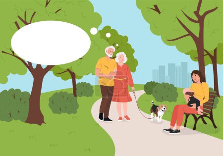 Ilustración de Una pareja de ancianos vio a una mujer amamantando a un niño en el parque. Lactancia materna en concepto público. Ilustración vectorial - Imagen libre de derechos