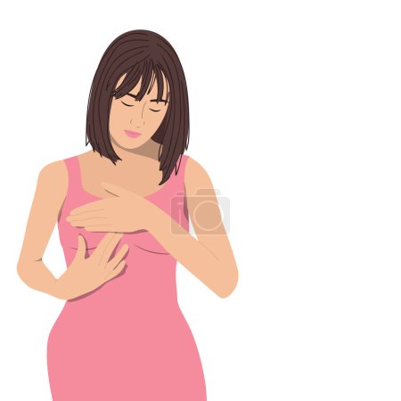 Illustration for Young woman doing breast self-examination (BSE). Breast Cancer Awareness concept. Vector illustration - Royalty Free Image
