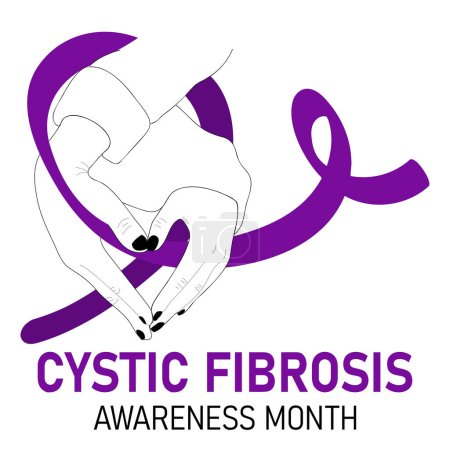 Cystic fibrosis poster. Vector cartoon illustration of  hands with a heart shape holding a purple ribbon.