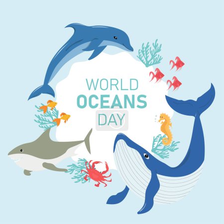 Tag der Ozeane. Handgezeichnete Vektorillustration der Ozeane Tiere und Fische schwimmten unter Wasser
