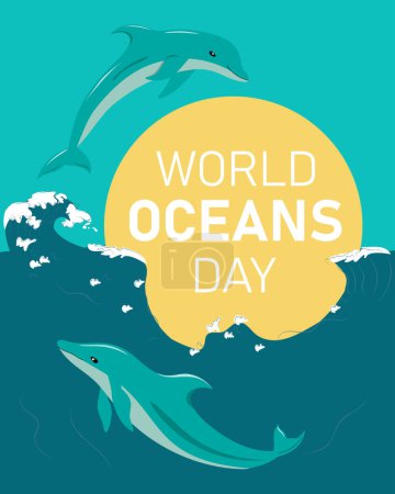 World Oceans Day. Save our ocean. Dolphins vertical illustration vector