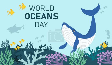 World Ocean Day banner. Hand drawn horizontal vector illustration.