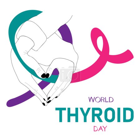 Téléchargez les illustrations : Affiche de la Journée mondiale de la thyroïde. Illustration vectorielle de dessin animé de mains en forme de coeur tenant un ruban. - en licence libre de droit