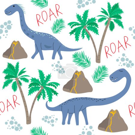 Cute seamless background with dinosaurs, volcanoes, palm trees. Creative children's vector illustration for scrapbook paper, prints, background, wallpaper, fabric.