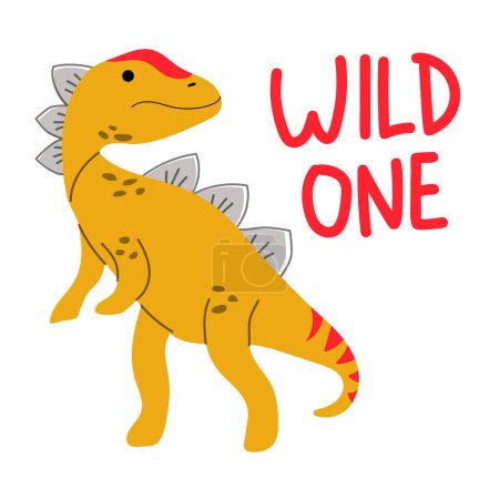 Dinosaur WILD ONE lettering. Vector illustration of dino in flat hand drawn style. Childish design for birthday invitation or baby shower, poster, banner, and card.