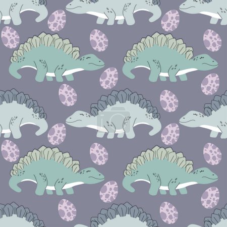 Cute seamless pattern with dinosaurs. Baby Stegosaurus vector illustration in scandinavian style. 
