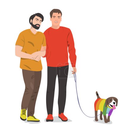 Enamored man pet owners enjoying promenade. A happy gay couple of men in casual clothes walking dog. Happy lifestyle concept. Vector illustration