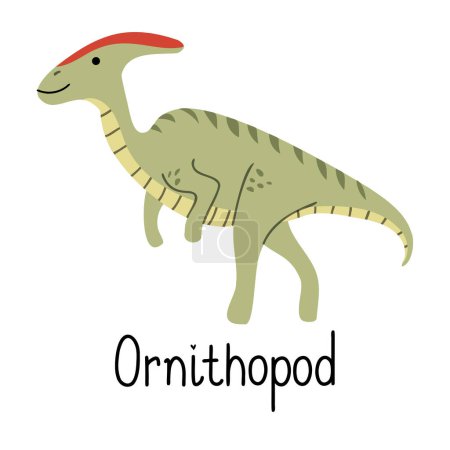 Téléchargez les illustrations : Ornithopode dinosaure préhistorique. Lettrage Ornithopode. Conception plate pour t-shirt ou icône web - en licence libre de droit