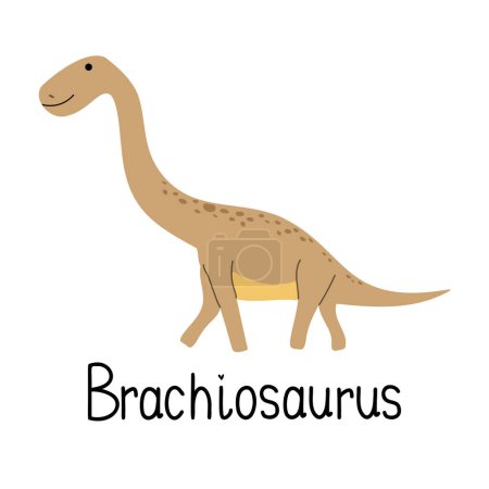 Ilustración de Dinosaurio Brachiosaurus aislado sobre fondo blanco. Lettering Brachiosaurus. Dino de dibujos animados con cuello largo para niños camiseta o icono de la web. Vector ilustración dibujada a mano - Imagen libre de derechos